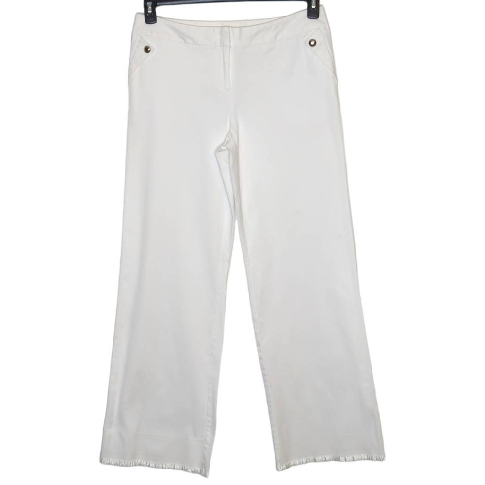 Worthington Women's 14P Stretch Satin Hem Trousers White Coastal Nautical